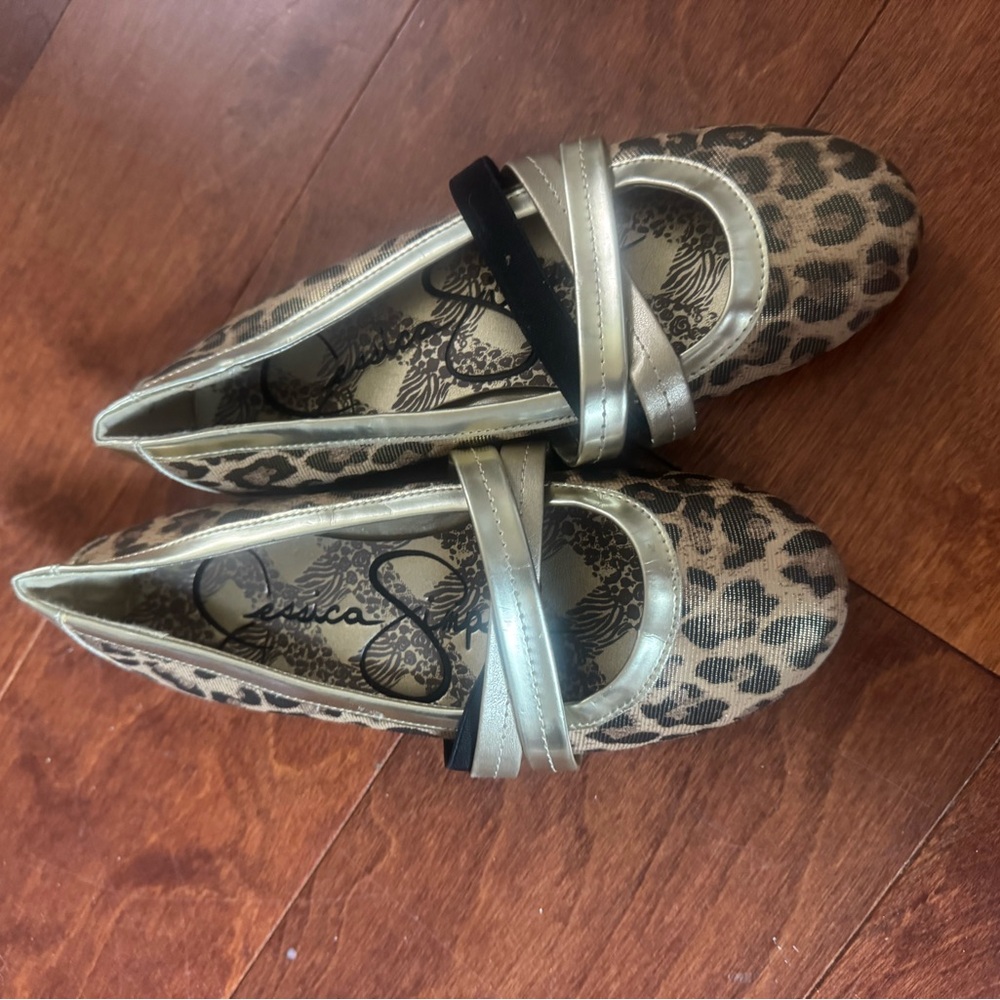 Jessica Simpson Animal Print Flats with Gold Straps